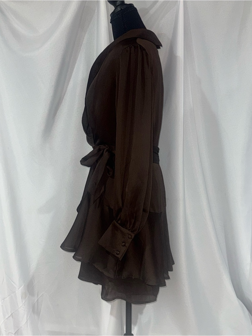 bebe Brown Wrap Ruffle Long-Sleeve Romper Dress - Picture 4 of 12